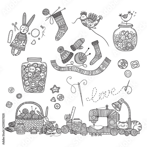 Vector illustration of needlework, knitting tools.