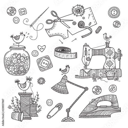 Vector illustration of needlework, sewing  tools.