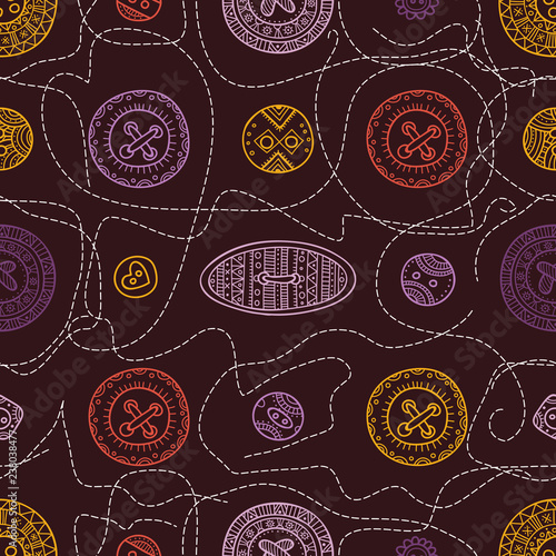 seamless pattern with cloth sewing buttons in boho style with ornaments.