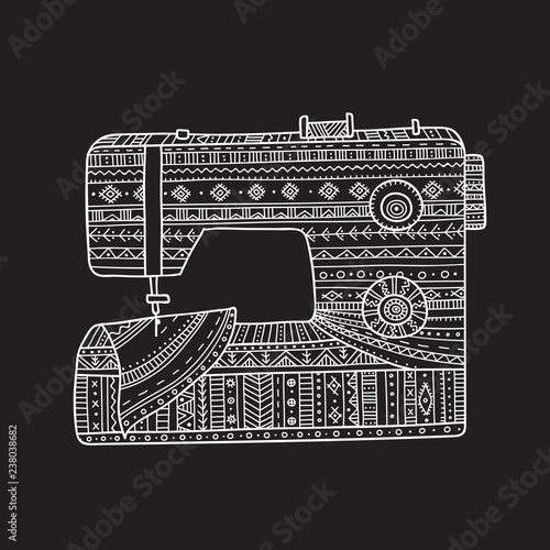 Vector illustration of sewing machine in boho style with ornament.