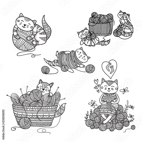 Vector set of cute cats playing with yarn ball coloring