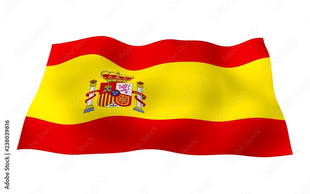 Obraz premium The flag of Spain. Official state symbol of the Kingdom of Spain. Concept: web, sports pages, language courses, travelling, design elements. 3d illustration