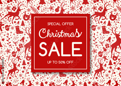 Christmas Sale poster with decorations. Vector.
