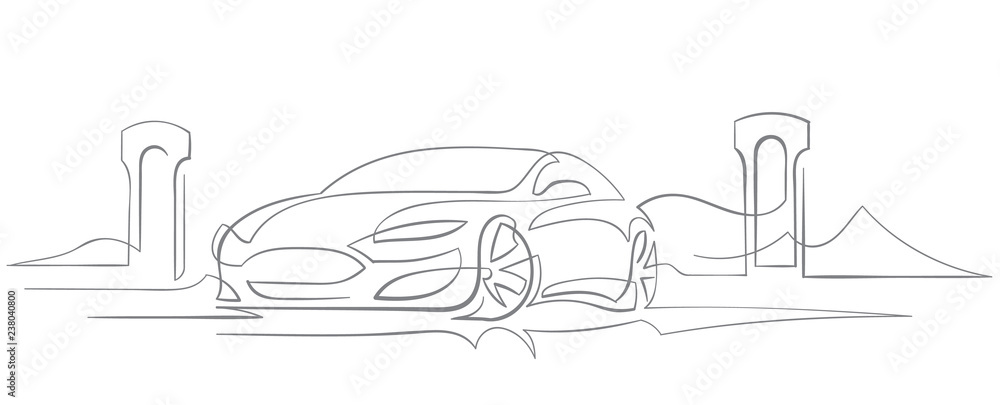 Electric Car charging abstract line illustration. Vector.