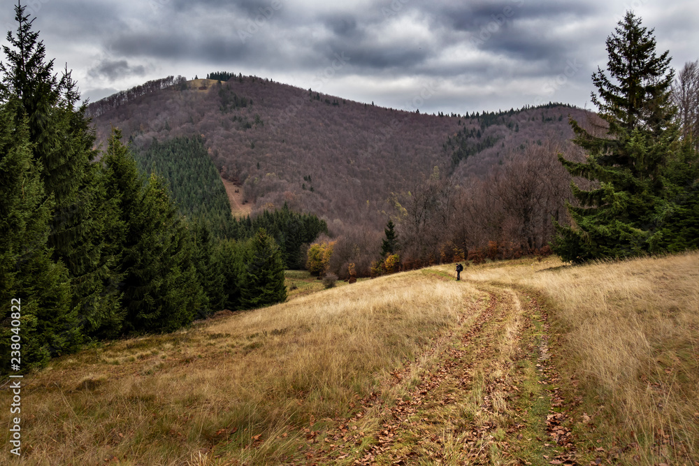 Mountain landscape in autumn.Mountain forest landscape under evening sky with clouds in sunlight.Natural outdoor travel background.Autumn mountain landscape in Slovakia.