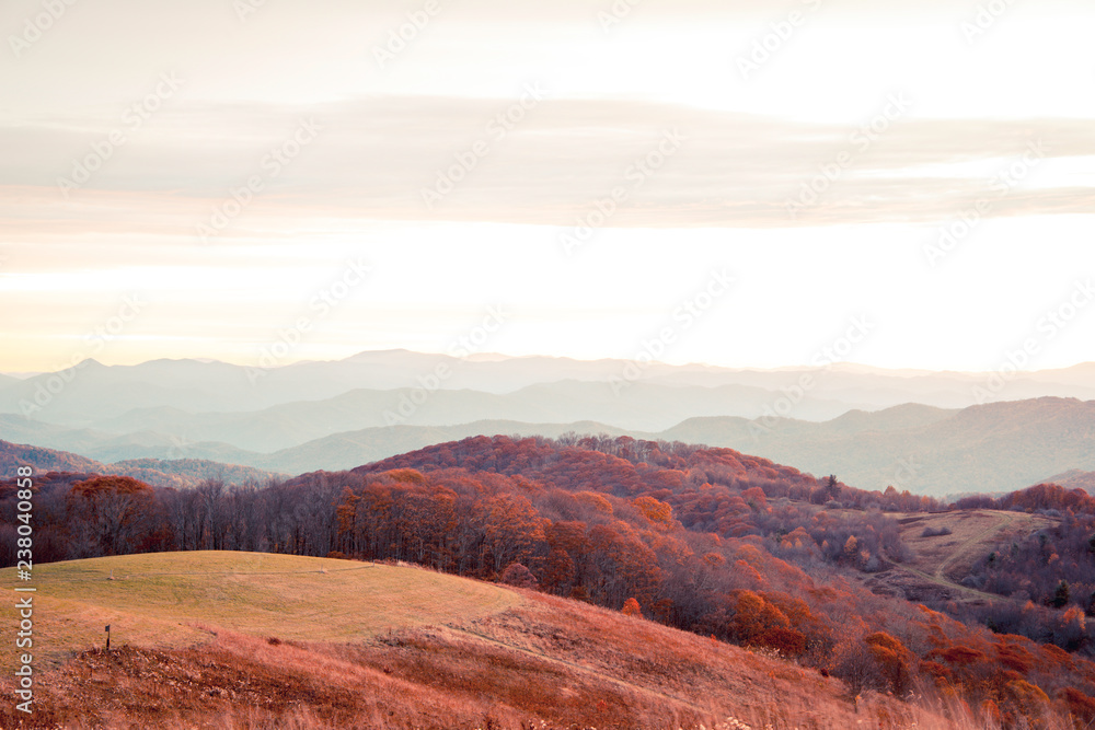 Sunrise in North Carolina at Max Patch with view of the Smoky Mountains.