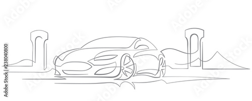 Electric Car charging abstract line illustration. Vector.