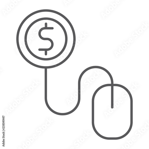 Pay per click thin line icon, internet and marketing, mouse and dollar sign, vector graphics, a linear pattern on a white background.