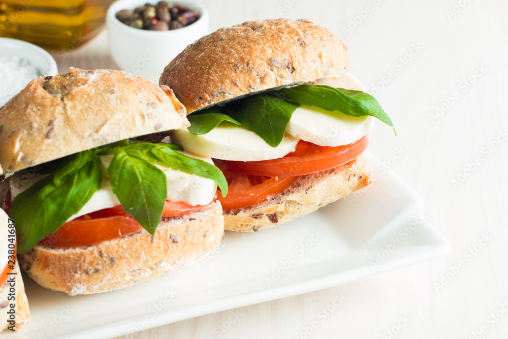 Close-up photo of sandwich, burger with caprese salad with ripe tomatoes, basil, buffalo mozzarella cheese. Italian and Mediterranean food concept. Close-up photo of sandwich, burger with caprese salad with ripe tomatoes, basil, buffalo mozzarella cheese. Italian and Mediterranean food concept.