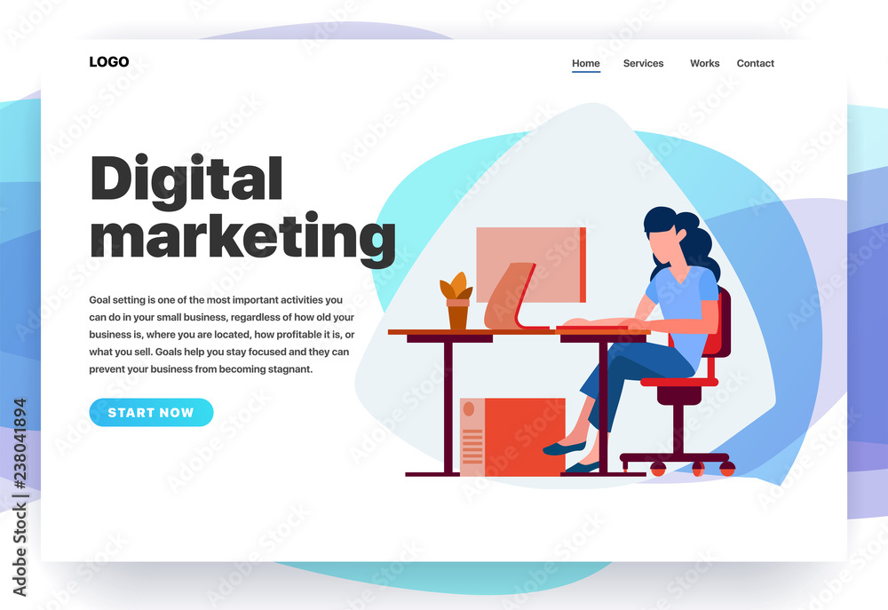 Web page design templates for digital marketing, consulting, SEO, business solutions. Modern vector illustration concepts for website and mobile website. The Girl works at the computer. Office worker