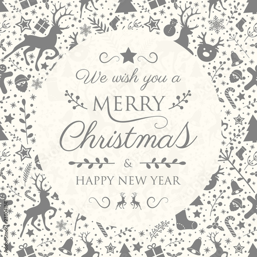 Christmas banner with festive ornaments and greetings. Vector.