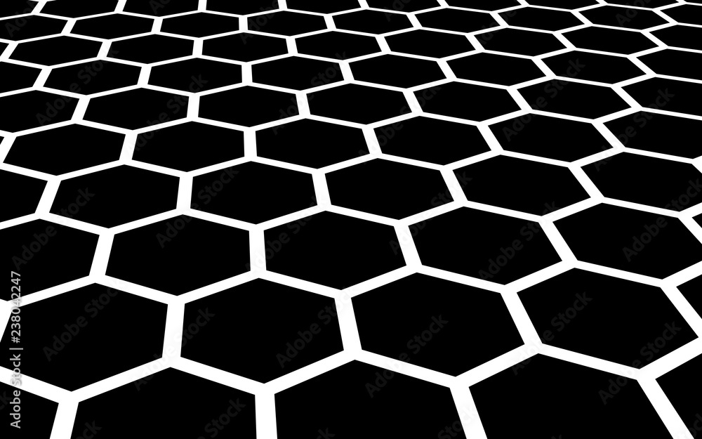 White honeycomb on a black background. Perspective view on polygon look like honeycomb. Isometric geometry. 3D illustration White honeycomb on a black background. Perspective view on polygon look like honeycomb. Isometric geometry. 3D illustration
