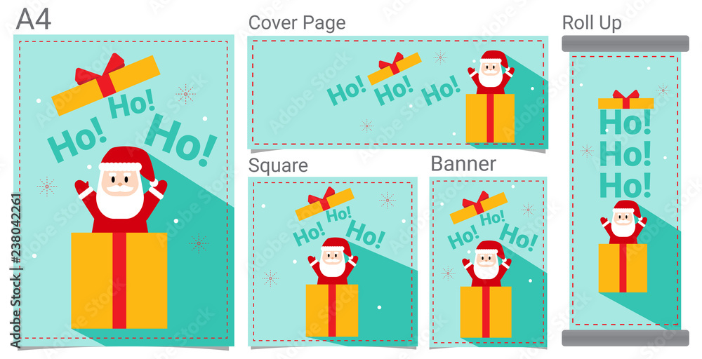 Fototapeta premium Merry Christmas and Happy New Year Funny Santa Claus and Ribbon Gift Cartoon for Website Banner, Poster, Social Network Design Artwork, Roll up and Invitation Card Background Vector Illustration