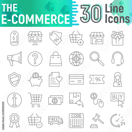 E-commerce thin line icon set, shopping symbols collection, vector sketches, logo illustrations, buy signs linear pictograms package isolated on white background.