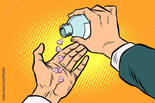 man hand pours out pills hearts