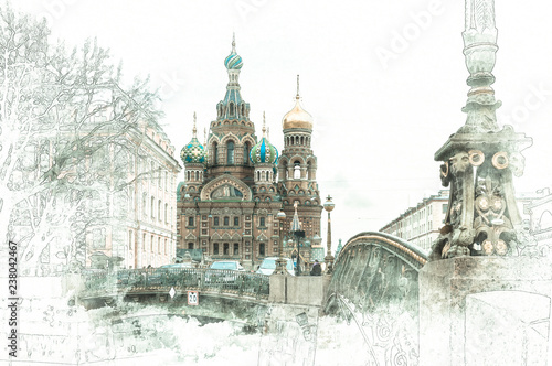 Stylized by watercolor sketch painting of Church of the Savior on Blood, St Petersburg, Russia, on a textured paper. Retro style postcard collage.