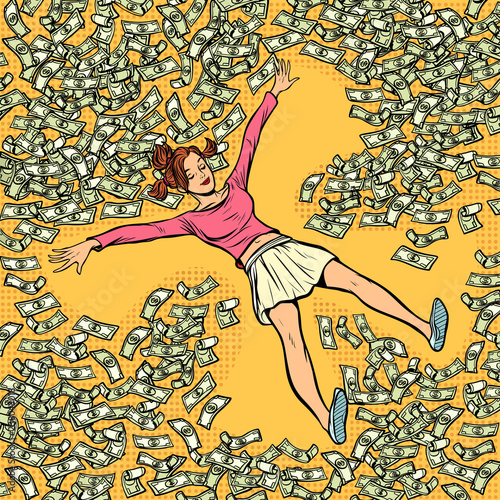 young girl makes snow angel money dollars a lot