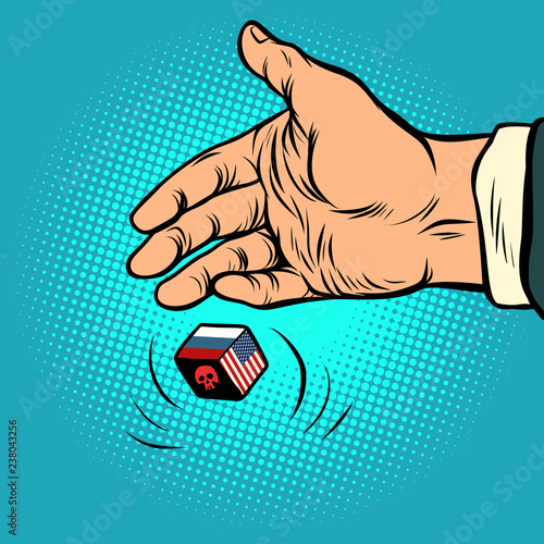 Politics russia and usa confrontation. hand throws dice