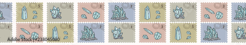 Minerology Quartz Crystal Postage Stamps. Hand Drawn Seamless Vector Border. Sacred Precious Stone Postal Stationery for Meditation Journal, Mail Art Banner, Boho New Age Planner Packaging, Washi Tape