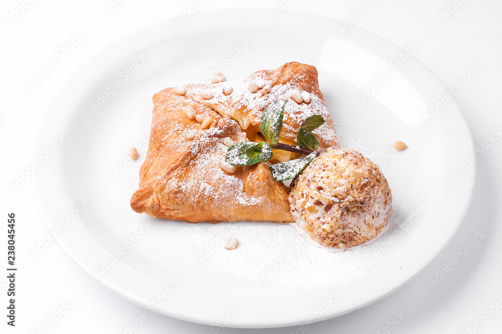 Apple strudel with vanilla ice cream and mint Apple strudel with vanilla ice cream and mint