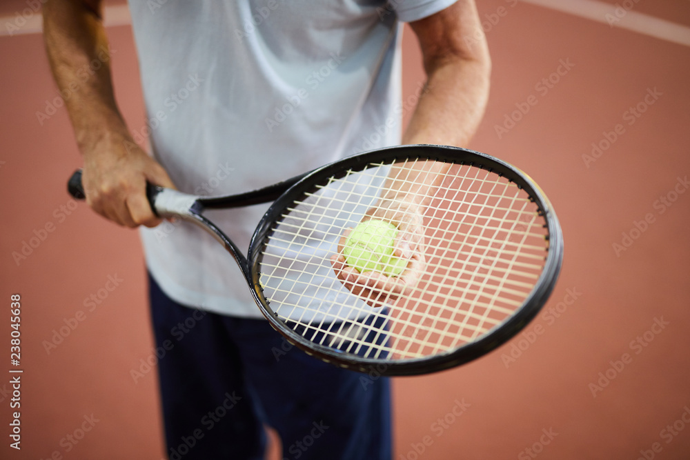 Contemporary tennis player holding racket and ball while standing on stadium
