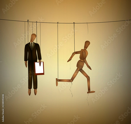 concept of freedom, office worker marionette hanging on the threads and one marionette running away, be free idea,