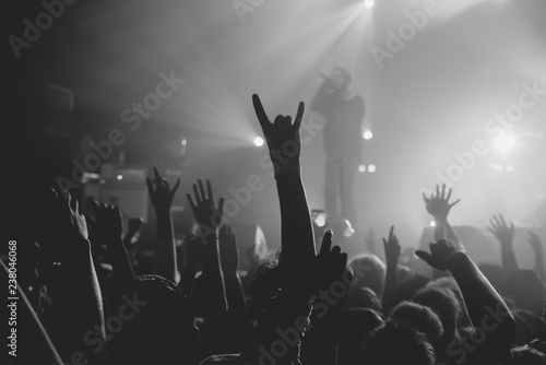 Hands of a crowd raised up at the music show to the singer on stage. Black and white. Black and white