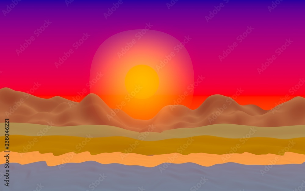 Sun Sea Beach. Sunrise. Ocean shore line with waves on a beach. Island beach paradise with waves. Vacation, summer, relaxation. Seascape, seashore. Minimalist landscape, primitivism. 3D illustration Sun Sea Beach. Sunrise. Ocean shore line with waves on a beach. Island beach paradise with waves. Vacation, summer, relaxation. Seascape, seashore. Minimalist landscape, primitivism. 3D illustration