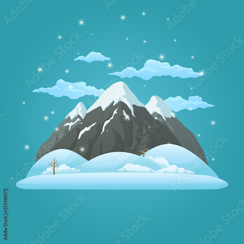 Three snowy mountains with snow covered hills  bare trees  clouds and falling snowflakes on a blue background.