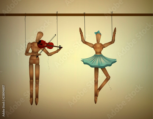 music duet concept, merionettes couple one dancing and one playing violine,