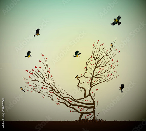 alive tree on the rock and titmouses birds, tree soul, man like tree giving his hand branch to flying birds, fairytale surrealism, plant alive idea,