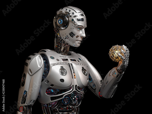 Robot or very detailed humanoid holding mysterious sphere. Isolated on black background. 3d render  © Mykola