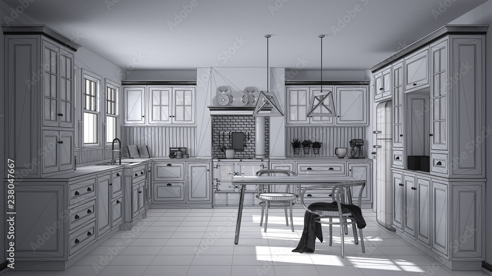 Unfinished project draft of scandinavian classic kitchen with dining table and chairs, windows and morning light, vintage cooker and pendant lamps, minimalist interior design sketch