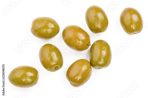 Green olives isolated on a white background. Top view. Flat lay