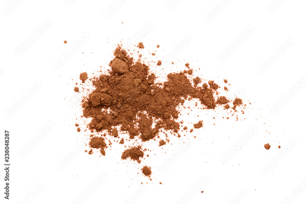 pile of cocoa powder isolated on white background. Top view. Flat lay pile of cocoa powder isolated on white background. Top view. Flat lay