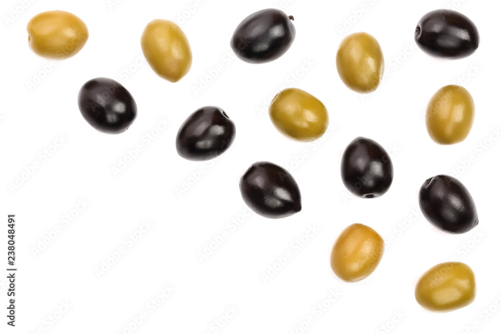 Green and black olives isolated on a white background with copy space for your text. Top view. Flat lay Green and black olives isolated on a white background with copy space for your text. Top view. Flat lay
