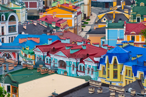 Colorful roof tops of historic buildings.