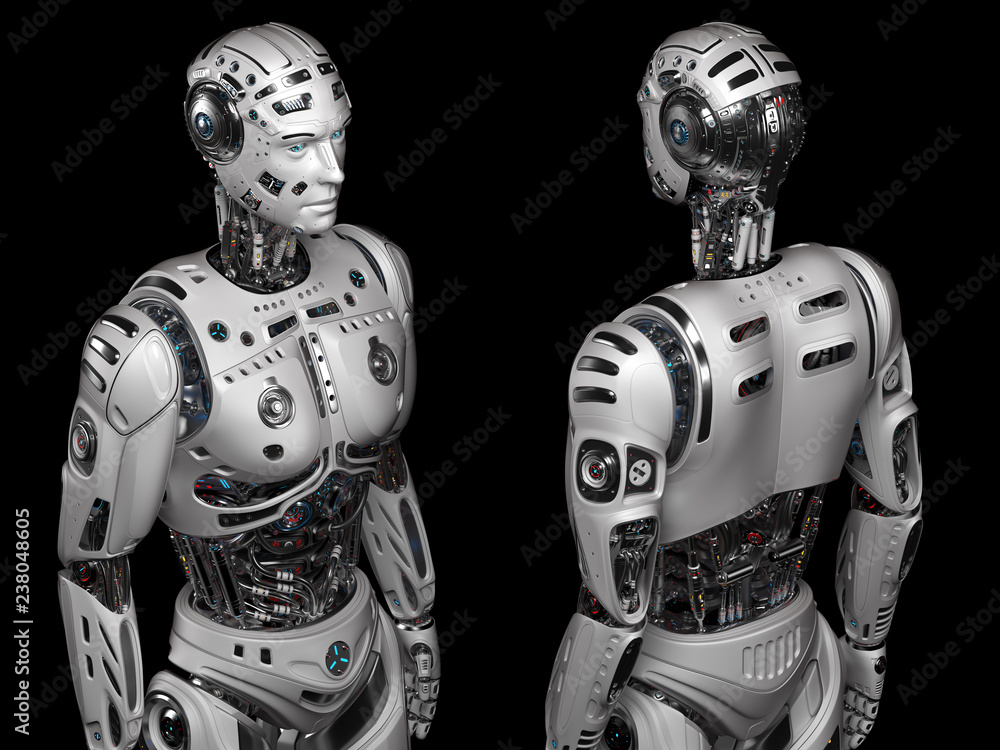 Two very detailed futuristic robots or cyborgs standing. Different or front left and back right views. Isolated on black background. 3D Illustration Two very detailed futuristic robots or cyborgs standing. Different or front left and back right views. Isolated on black background. 3D Illustration