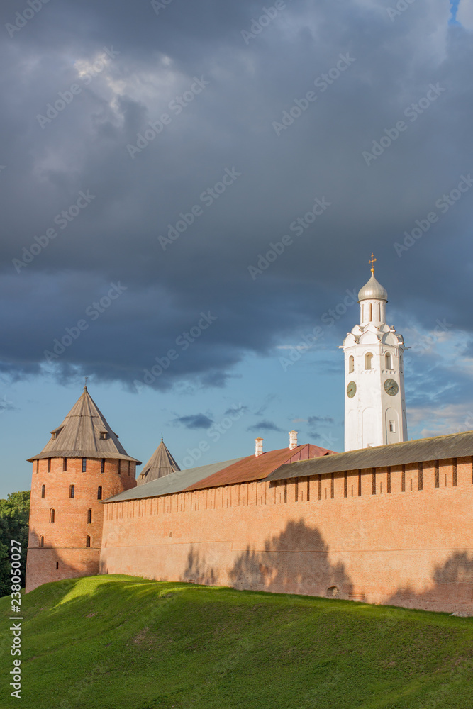 Novgorod Kremlin redbrick fortress walls day time