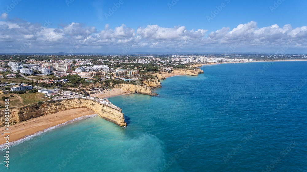 Aerial. Beautiful Portuguese beaches Armacao de Pera, view from the sky.
