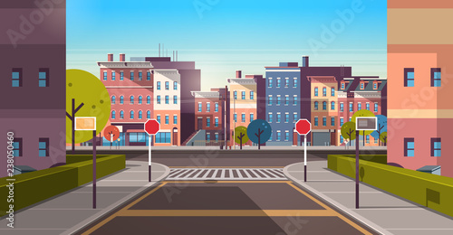 city street building houses architecture empty downtown road urban cityscape early morning sunrise horizontal banner flat