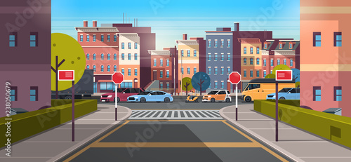 city street building urban traffic cars on road downtown early morning sunrise horizontal banner flat
