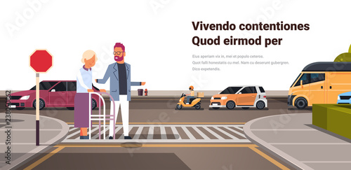 man help senior woman with walking frame crossing street urban city traffic cars on road crosswalk isolated copy space horizontal flat