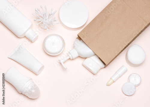Cosmetic skin care products with paper merchandise bag