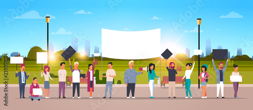 people group holding placards and megaphone cityscape background protesting concept full length cartoon characters crowd horizontal flat
