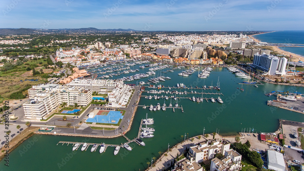 Aerial. View from the sky of the tourist town Vilamoura, Marina.