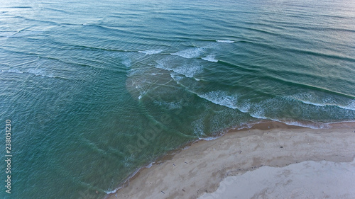 Aerial. Sandy beaches in Ria Formosa, Fuseta and seagulls.
