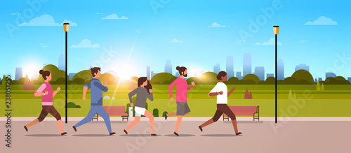 mix race people jogging active sport men women fitness run training world health day concept healthy lifestyle flat urban city park horizontal