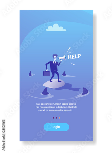 businessman standing island calling for help in sea water sharks around financial crisis business problems concept flat vertical copy space