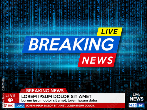 Background screen saver on breaking news. Breaking news live on blue matrix code background. Vector illustration.